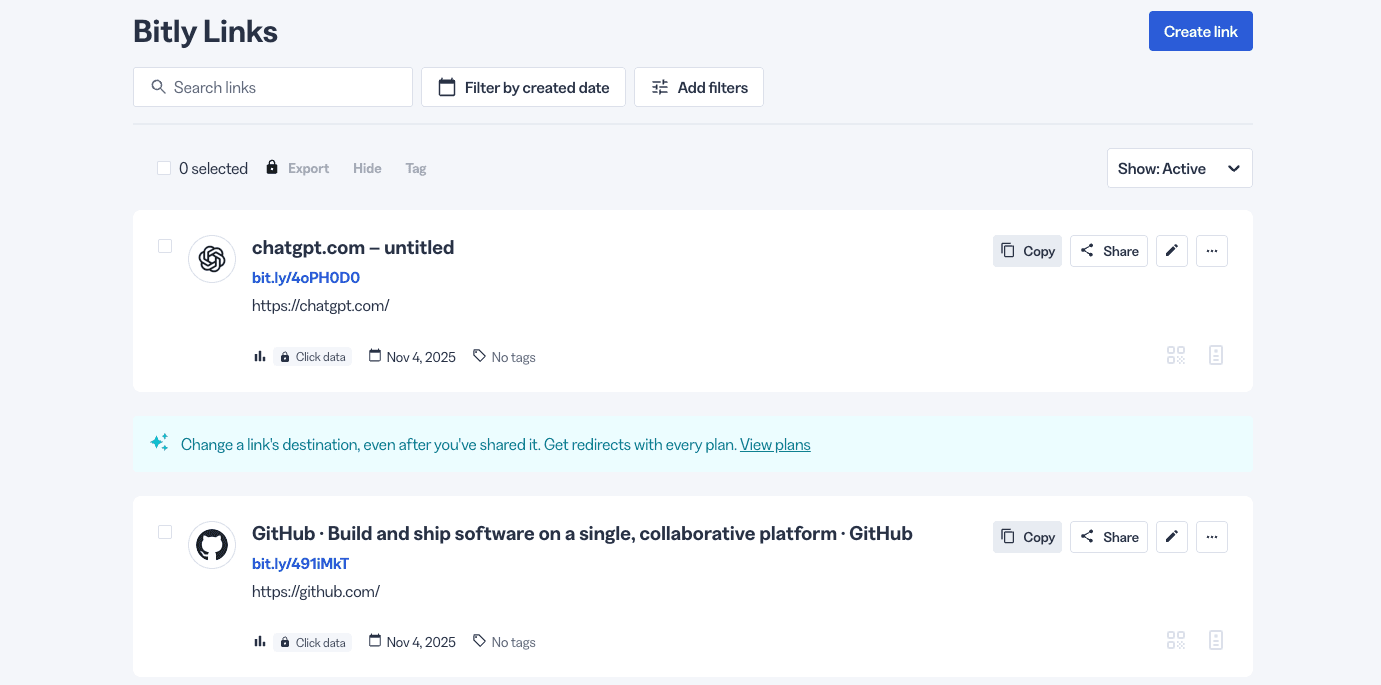 Bitly interface